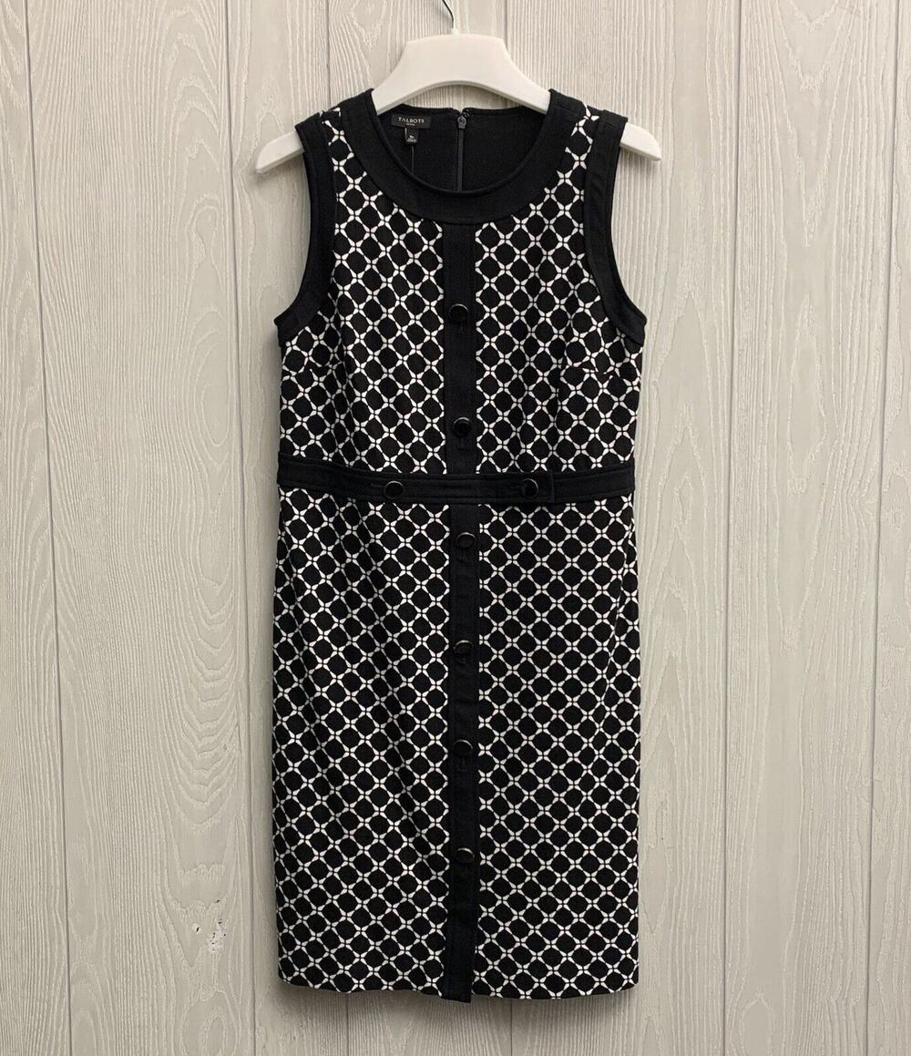 Talbots Petites Black White Print Sleeveless Dress Size 8P NWT